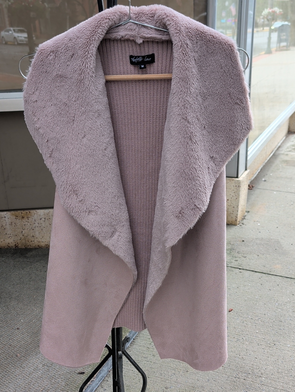 Plush Open-Front Faux-Shearling/Suede Draped Vest - Plum
